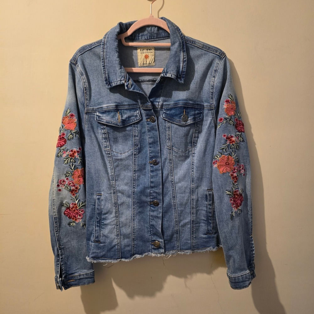 Ruff Hewn Jean Jacket Womens L Blue Floral Embroidered Sleeve Frayed Hem Denim